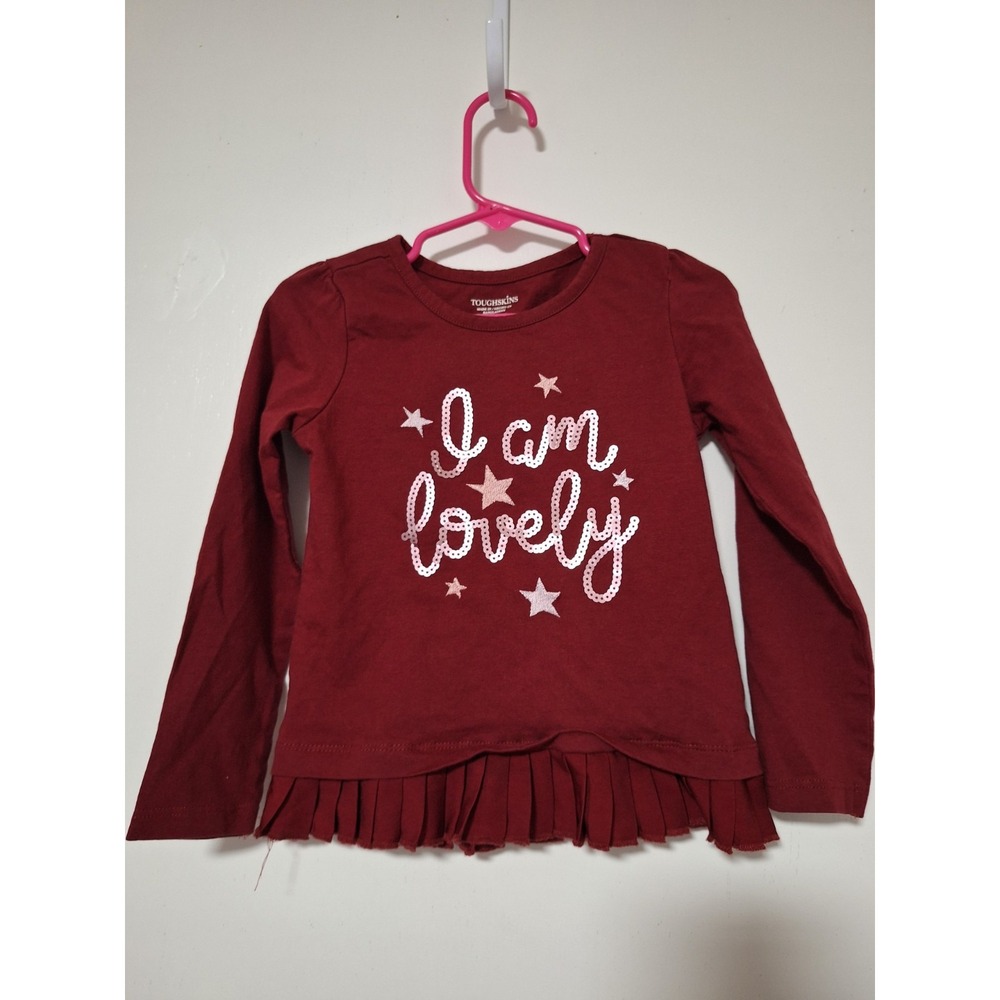 Toughskins Girls 3T Long Sleeve Top Burgundy Red Sequins Star I Am Lovely Ruffle